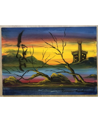 dipinto di Romano Mussolini, olio su tela paesaggio con profilo Benito