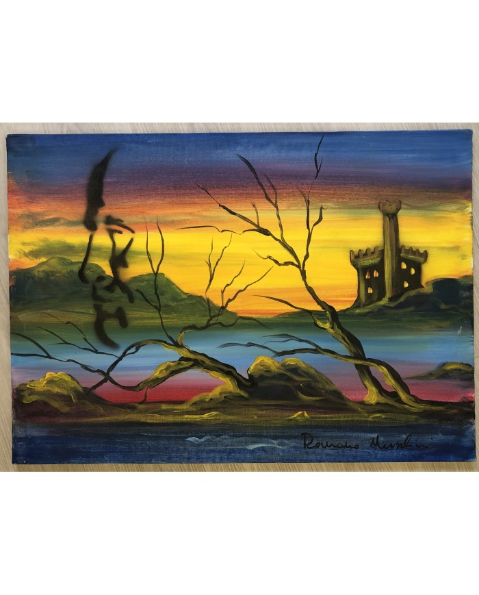 dipinto di Romano Mussolini, olio su tela paesaggio con profilo Benito