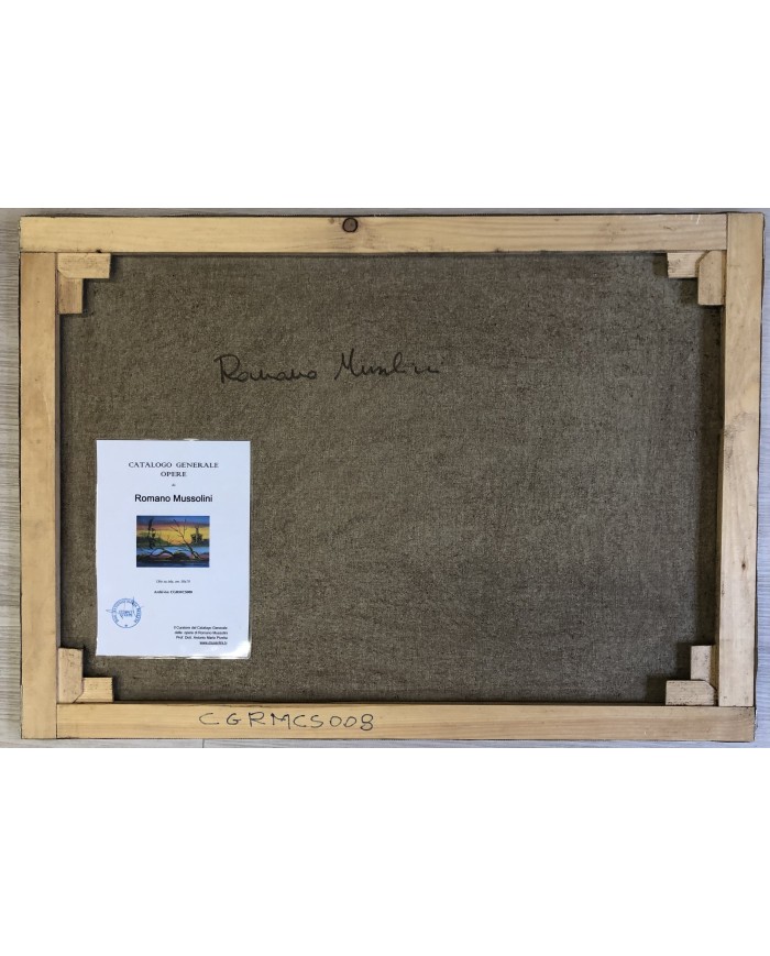 dipinto di Romano Mussolini, olio su tela paesaggio con profilo Benito