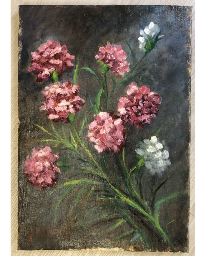 dipinto a olio garofani rosa e bianchi