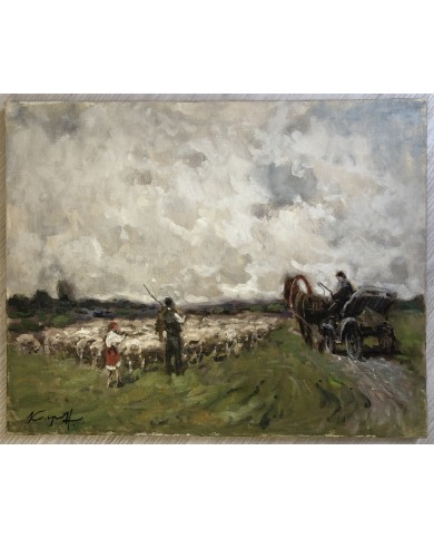 dipinto a olio paesaggio con gregge e pastori di Karpov Ivan