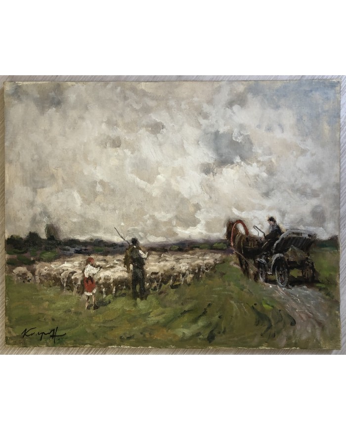 dipinto a olio paesaggio con gregge e pastori di Karpov Ivan