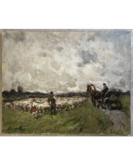 dipinto a olio paesaggio con gregge e pastori di Karpov Ivan