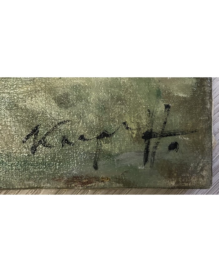 dipinto a olio paesaggio agreste e contadini di Karpov Ivan