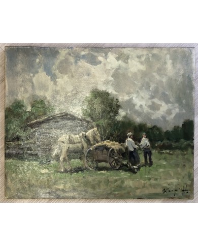 dipinto a olio paesaggio agreste e contadini di Karpov Ivan