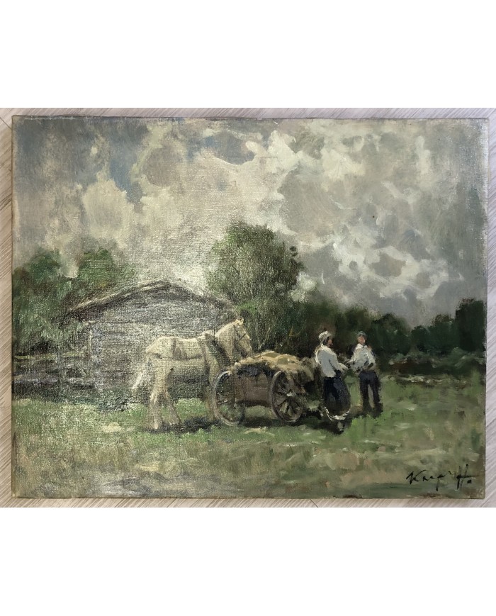 dipinto a olio paesaggio agreste e contadini di Karpov Ivan