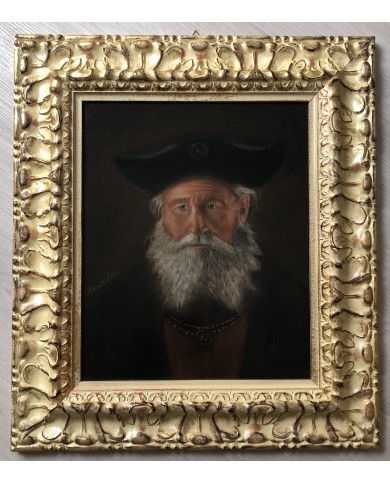 Ritratto di uomo con cappello e barba e baffi grigi