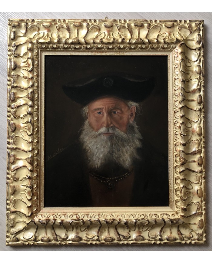 Ritratto di uomo con cappello e barba e baffi grigi