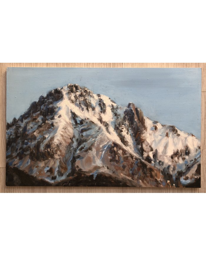 La Grigna Meridionale innevata, olio su masonite