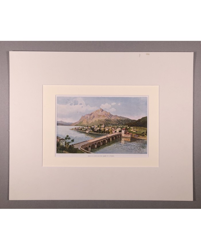 Stampa antica originale di Lecco e il ponte sull' Adda anno 1903