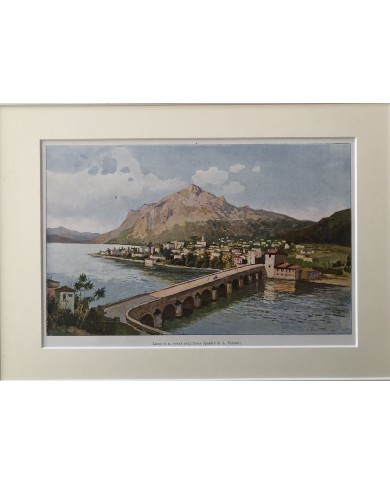 Stampa antica originale di Lecco e il ponte sull' Adda anno 1903