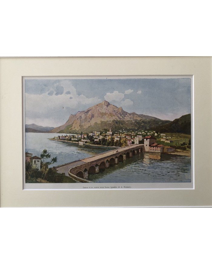 Stampa antica originale di Lecco e il ponte sull' Adda anno 1903