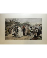 incisione originale inglese all'acquaforte acquarellata matrimonio