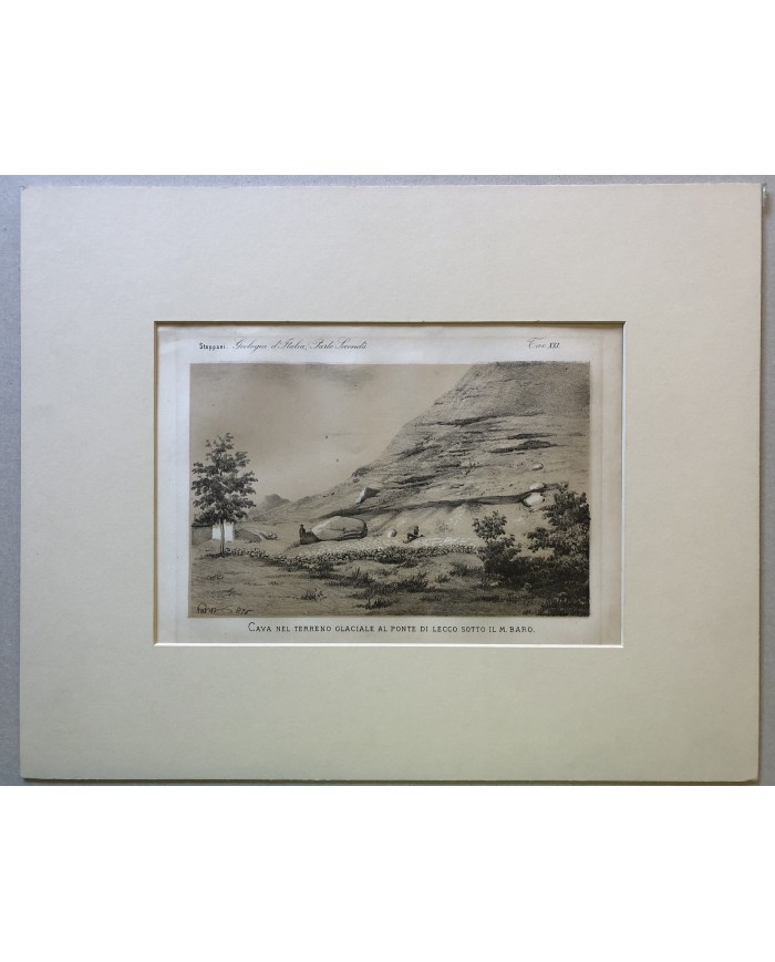 Stampa antica Cava di Lecco sotto il monte Barro Geologia Stoppani