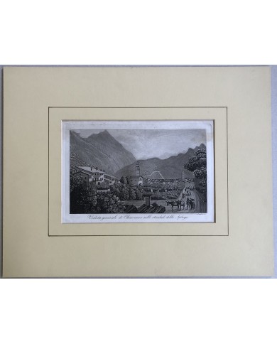 Stampa antica Veduta generale di Chiavenna sulla stradale dello Spluga