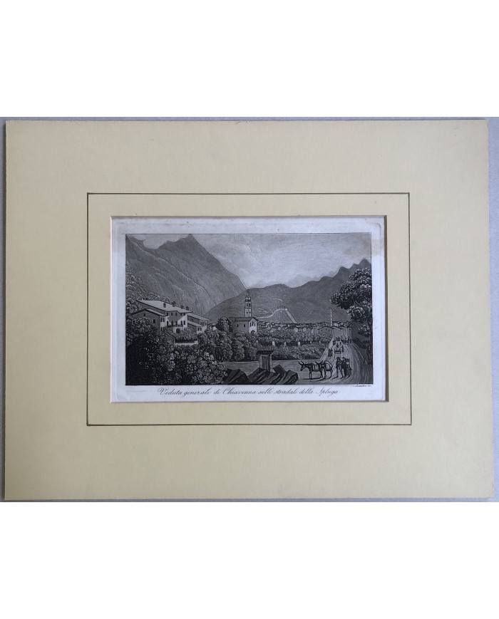 Stampa antica Veduta generale di Chiavenna sulla stradale dello Spluga