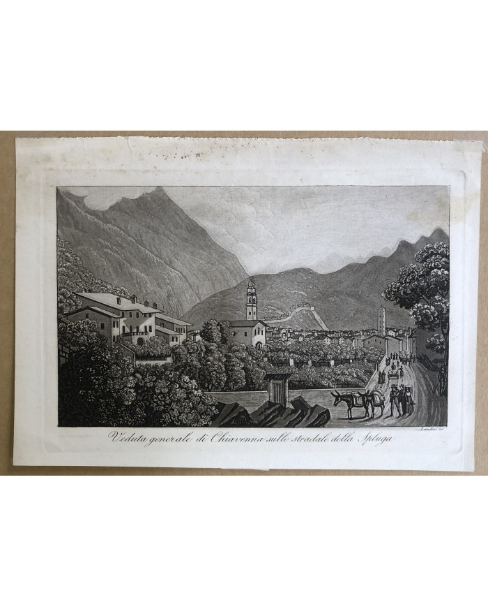 Stampa antica Veduta generale di Chiavenna sulla stradale dello Spluga