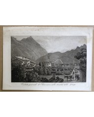 Stampa antica Veduta generale di Chiavenna sulla stradale dello Spluga