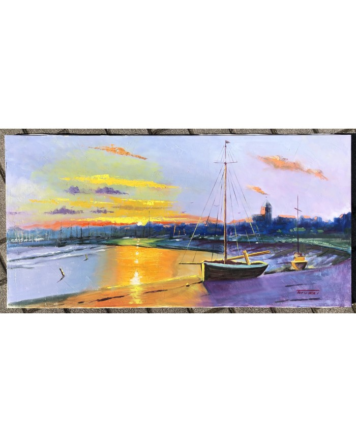 Dipinto paesaggio marino all'alba dell'artista Fausto Teruzzi
