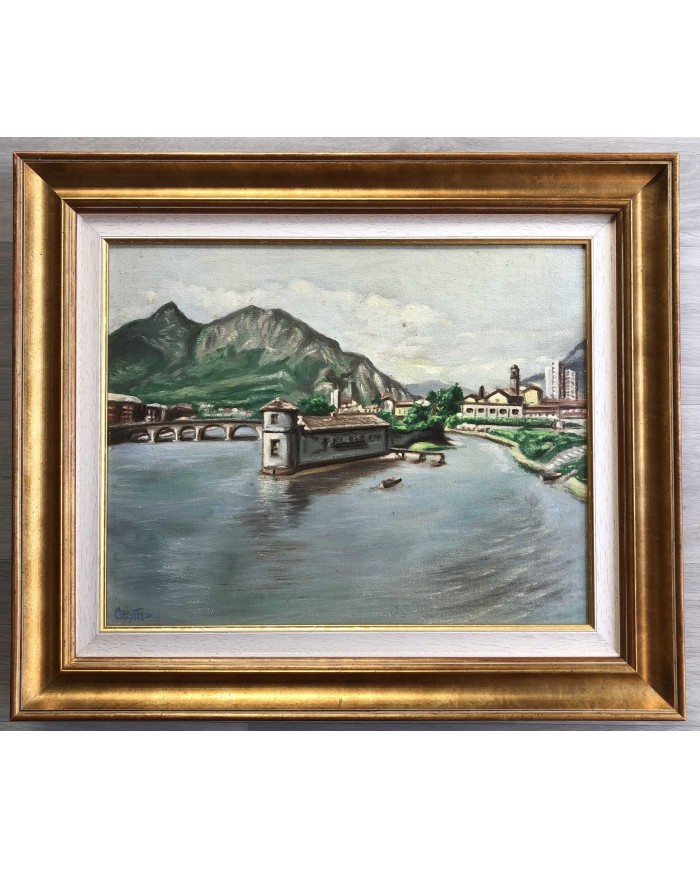 Lecco Isola viscontea olio su legno di Ratti Giovanni