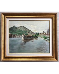 Lecco Isola viscontea olio su legno di Ratti Giovanni