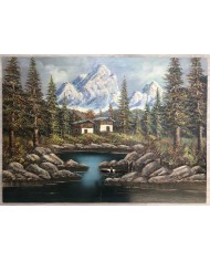 Dipinto paesaggio montano con laghetto, abeti e baite