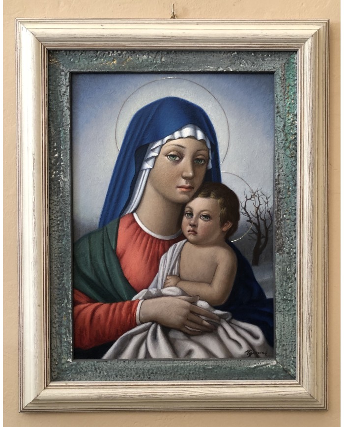 Madonna con Bambino Opera originale d'epoca dipinto ad olio di Bonora